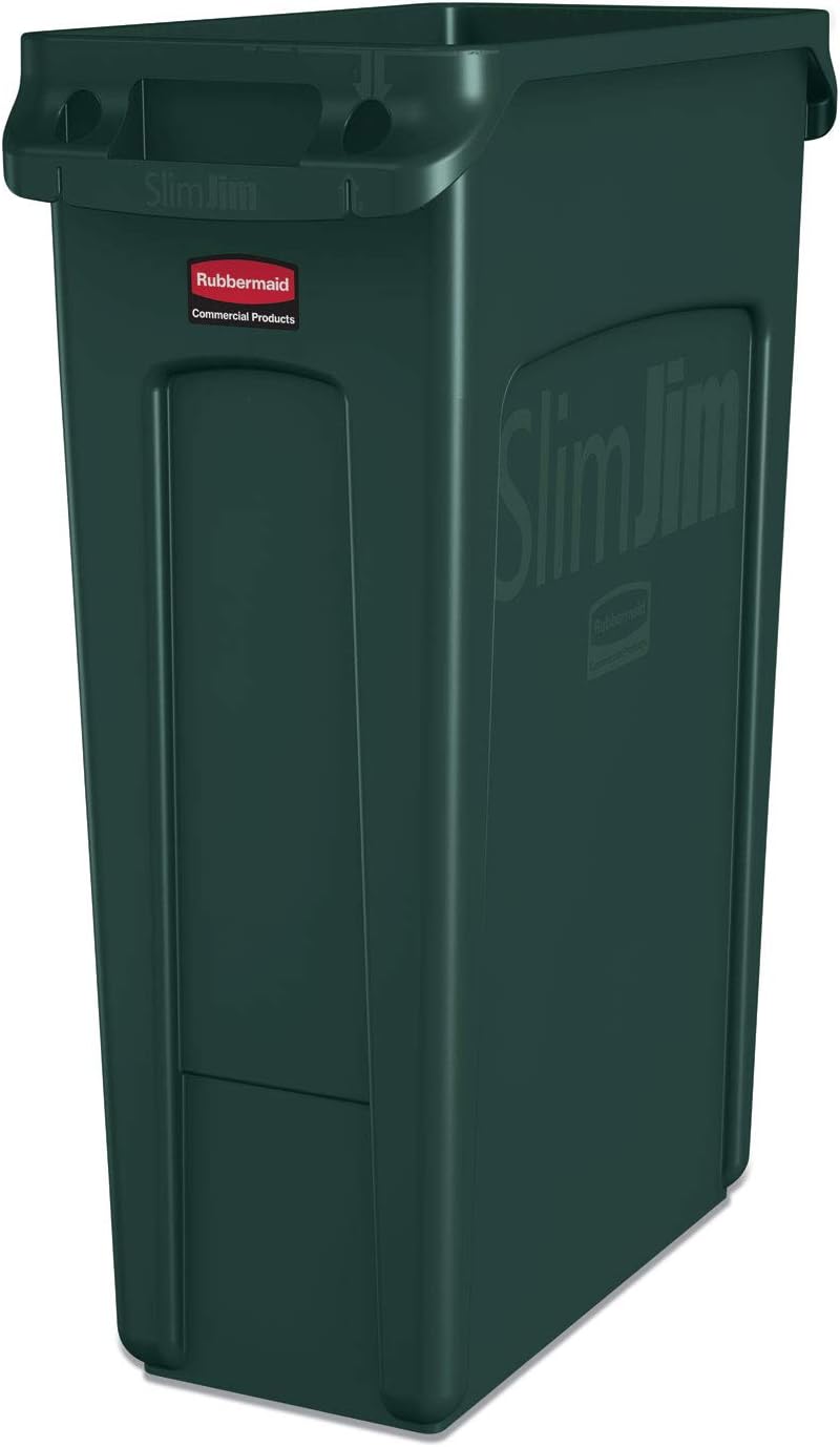 Rubbermaid Commercial Products Slim Jim Plastic Rectangular Trash/Garbage Can With Venting Channels, 23 Gal, Black, for Kitchen/Office/Workspace