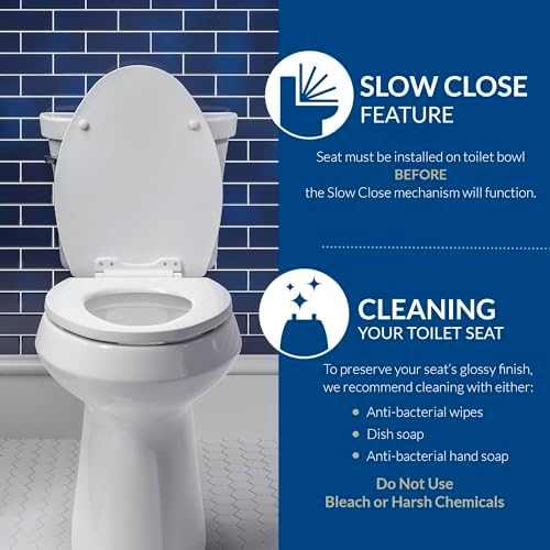 Mayfair Cassel slow close toilet seat, easy clean non-slip premium wood seat, install, made in USA, elongated, white