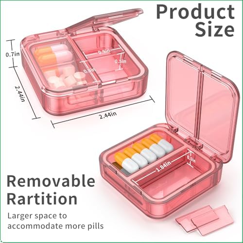 Small Pill Box,4 Compartments Travel Pill Case, Portable Pill Organizer,Mini Pill Container for Pocket,Daily Compact Travel Medicine Holder for Vitamins Fish Oil and Supplement Storage(Pink+Purple)