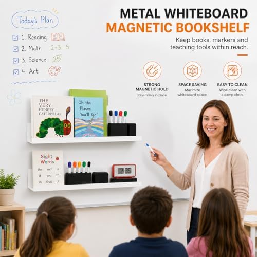 2 Pack Magnetic Book Shelf for Whiteboard, 17 Inch Heavy Duty Metal Magnetic Shelves, Holds 12 lbs, Magnetic Book Display for Classroom Furniture, Office - White