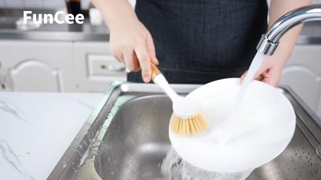 FunCee 2 Pack Kitchen Dish Brushes with Bamboo Handle, Dish Scrubber Built-in Scraper, Scrub Brush for Pans, Pots, Counter & Kitchen Sink Cleaning, Dishwashing and Cleaning Brush Tools, White