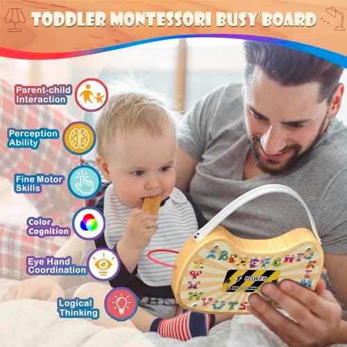 UdoUto Montessori Wooden Busy Board for Toddlers with LED Lights & Switches