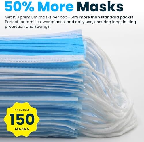 PURE GEM 150-Pack Blue Disposable Face Masks, 3-Ply, Nose Clip and Earloops