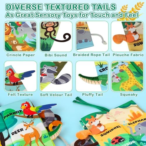 BBWOO Soft Baby Book Toy, Touch and Feel Sensory Crinkle Book with Teether