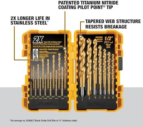 DEWALT Drill Bit Set, 21 Pc. Titanium Nitride Coated Pilot Point DEWALT Bit Set with Case for Wood, Metal and Plastic (DW1361)