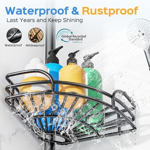 HAMITOR Corner Shower Caddy Tension Pole, Adjustable No-Drill Widen Shelves