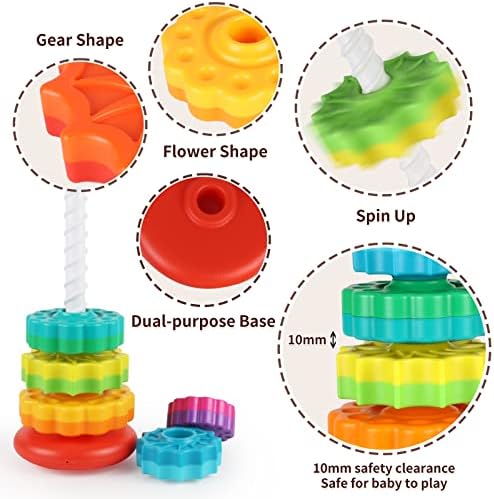 JUXUE Baby Spinning Stacking Toys for Toddlers 1-3, Rainbow Ring Stacker Montessori Toys for Babies for 12 Months, 1 2 3 One Year Old Girl Boy Christmas Birthday Gifts, Autism Sensory Learning Toy