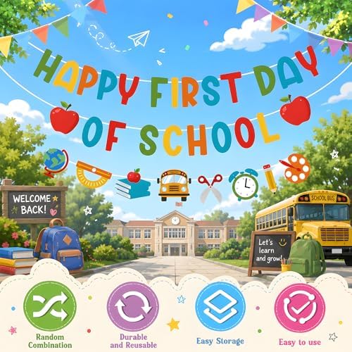 Back to School Decorations - Happy First Day of School Banner Sign Decor for Indoor Outdoor | Back To School Garland Backdrop - Hanging Classroom Decor Party Favors Supplies