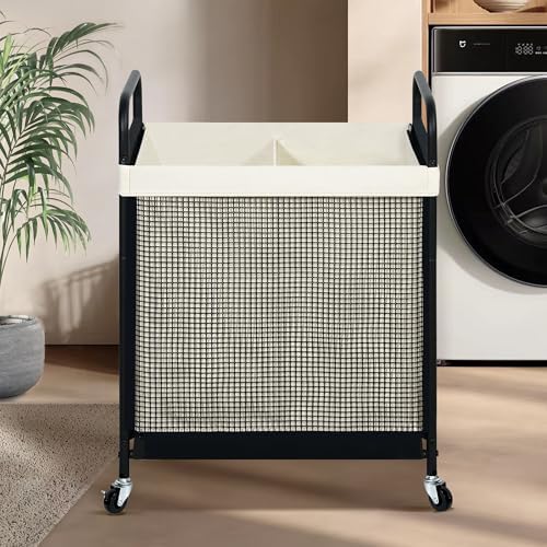 STO STO Laundry Hamper 2 Section, 100L Rolling Laundry Sorter Cart with Removable and Washable Liner Bag, Clothes Hamper with Wheels and Metal Handle for Laundry Room and Bedroom