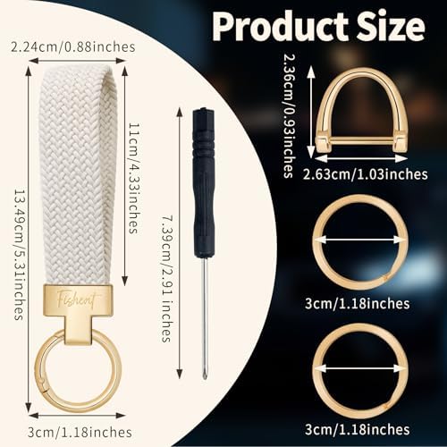Fishent Stretchy Car Keychain, Nylon Braided Cool Key Chain for Women Men, Universal Key Fob Holder with 3 Keyrings, Anti-Lost D-Ring, Car Accessories, Starlight