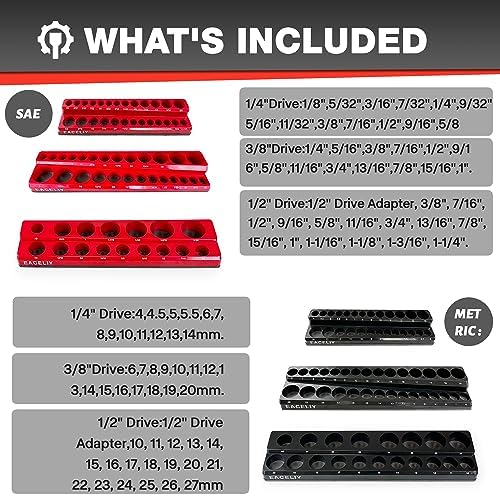 EACELIY Magnetic Socket Organizer Set, 1/2", 1/4" and 3/8" SAE & Metric Deep & Shallow Socket Holder Kit, holds 141 stanard Sockets, attaches to steel box/tool cart (sockets not included) 丨6PCS