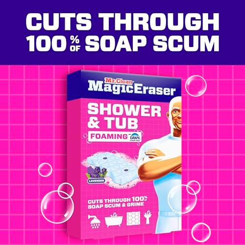 Mr. Clean Magic Eraser Sponge, Bathroom, Shower, Tub Cleaner, Soap Scum Remover, Bathroom Cleaning Supplies, Dawn Cleaning Power with Lavender Scent, Shower & Tub, 8ct