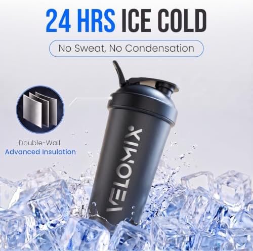 VELOMIX 24oz Stainless Steel Shaker Bottle with Wire Whisk, Black