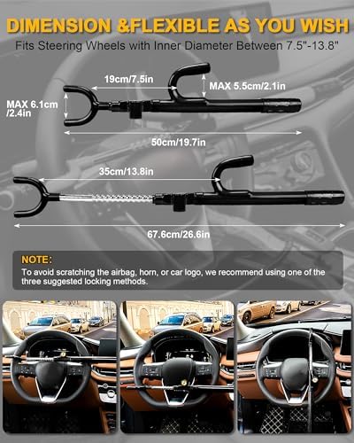 Tevlaphee Steering Wheel Lock Anti-Theft Device Security Car Lock Anti Theft Car Device Visible Antitheft Locking Devices Adjustable Car Wheel Lock for Cars with 3 Keys (Black)