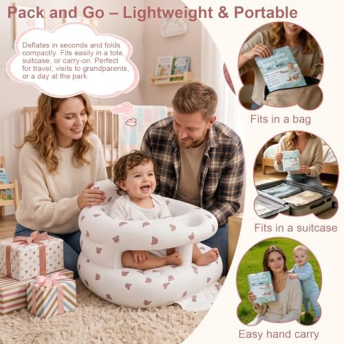 Inflatable Baby Seat with Built-in Pump and Back Support, Brown Bear