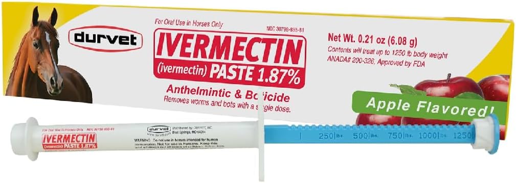 Ivermectin Paste 1.87% Horse Dewormer - Apple Flavored Oral Syringe 6.08g Tube