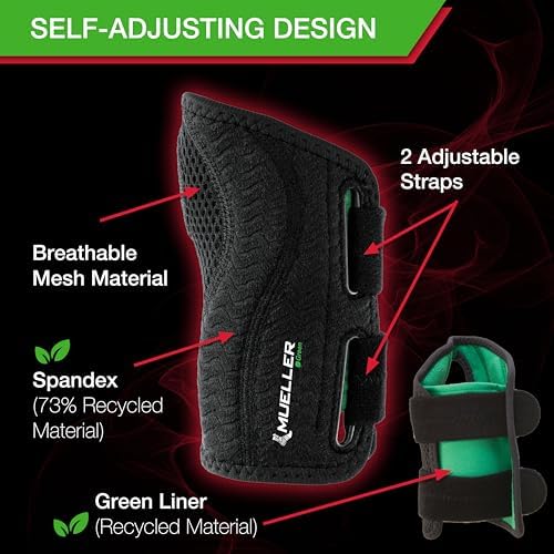 MUELLER Sports Medicine Green Fitted Wrist Brace for Men and Women, Wrist Pain Relief Support, Ideal for Carpal Tunnel, Tendonitis, Arthritis, Right Hand, Black, Small/Medium
