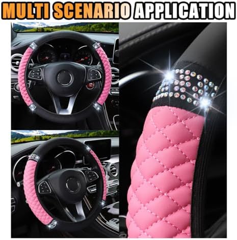JOYCOURT 15 Inch Bling Soft Leather Car Steering Wheel Cover, Pink