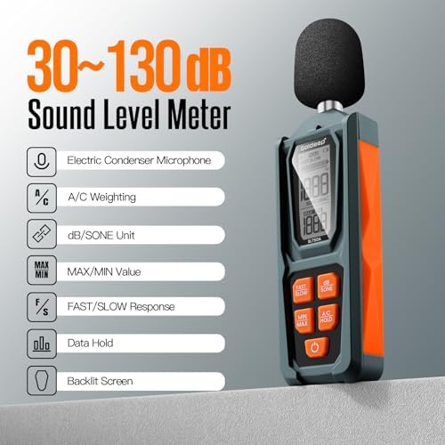 Decibel Meter, Goldeep SL750A Digital Sound Level Meter 30-130dB, A/C Weighted DB Meter with dB/SONE, Fast/Slow, MAX/MIN, LCD Sound Meter for Home, Office, Factory, Neighbor Noise - Vitality Orange