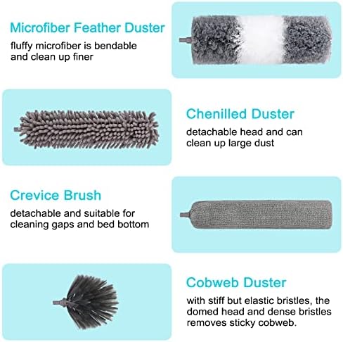 12pcs Microfiber Dusters, Duster with Extension Pole(Stainless Steel) 30 to 100'', Washable Dusters, Bendable Extendable Long Feather Duster for Cleaning Fan, High Ceiling, Blinds, Furniture, Cars