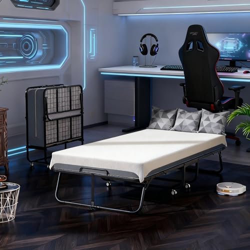 Pataku Folding Bed with Mattress, Twin Foldable Bed, Roll Away Beds for Adults, 75" x 31" Roll Away Portable Beds with 5" Mattress, Folded Frame for Small Apartment, Guest Room