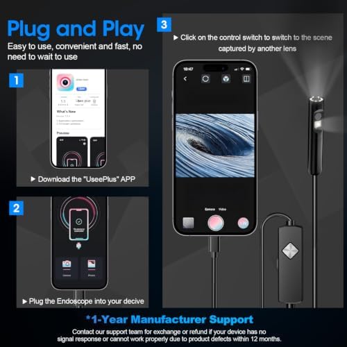 Endoscope with Light, 1920P HD Borescope with 8 Adjustable LED Lights, Semi-Rigid Snake Camera, IP67 Waterproof Inspection Tool (16.4ft, Black + Dual Lens Wiring Harness)