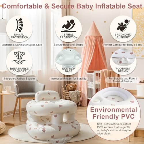 Inflatable Baby Seat with Built-in Pump and Back Support, Brown Bear