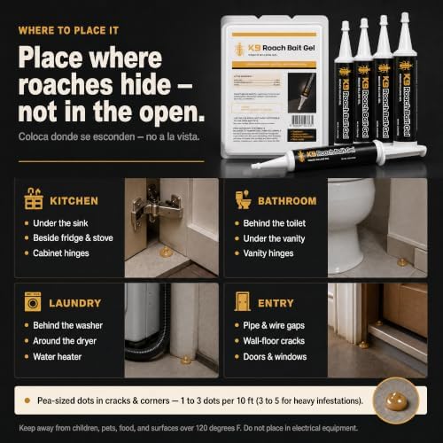 German Roach Killer Indoor Infestation for Home | 97~99% Lab-Tested Mortality in 14 Days - 0.05% Fipronil | 90-Day Whole-Home Protocol, 4 Syringes