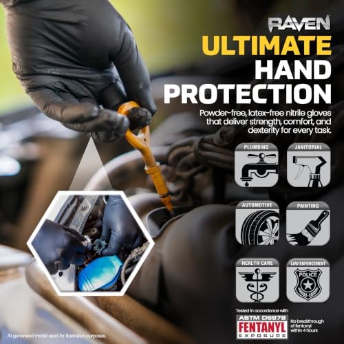 Raven Powder Free Nitrile Disposable Gloves | 7 Mil | Latex Free, Chemical + Puncture Resistant, Single Use |