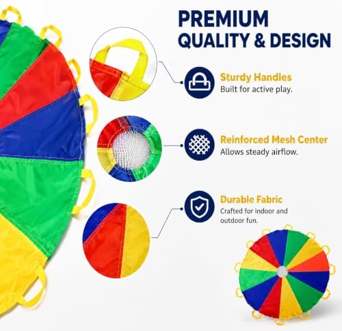 Sonyabecca Parachute, Kids Play Parachute 12ft with 12 Handles for Cooperation Group Game, Suitable for School, Outdoor, Summer Camp (12 Feet)