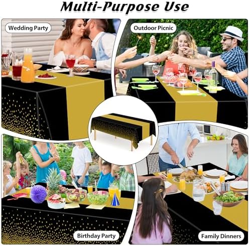 4Pack Black and Gold Tablecloths for Events, 54" x 108" Plastic Table Cloth Disposable for Rectangle Tables, Waterproof Table Cloth Cover for New Years Eve Decorations Holiday Birthday Wedding Dining