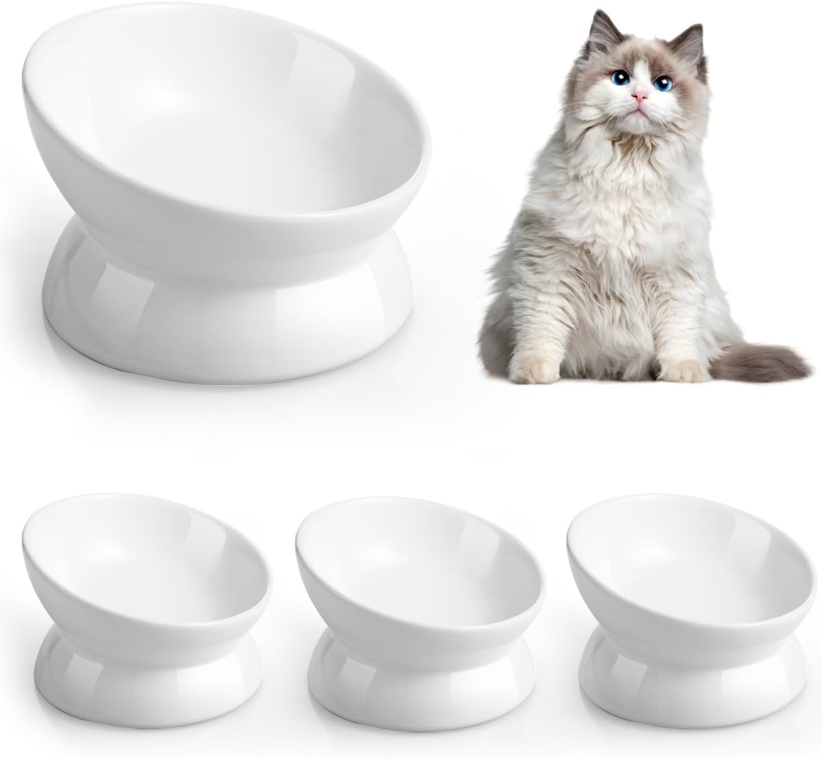 LoeJan Elevated Cat Food Bowl, 5 Oz Ceramic Raised and Tilted Water Bowl, Anti Vomiting and Protect Pets' Spines Dishes for Small Dog, Fat Faced Cat, Kitten (White, 1 Pack)
