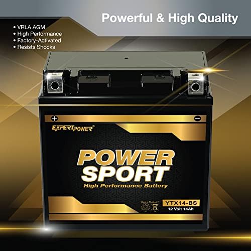 ExpertPower YTX14-BS ATV Battery - 220 CCA AGM Motorcycle Battery 12V 14Ah 10Hr ETX14-BS, UTV, Scooter, Snowmobile, 4 Wheeler Powersports Batteries, Fourtrax 300, Rancher 420, Pioneer 500-700-1000