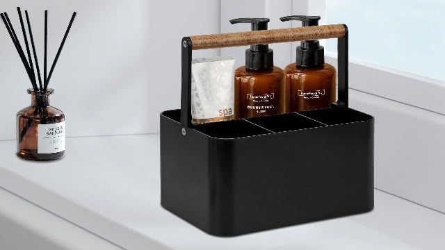 BYUNER Portable Shower Caddy Dorm: Bathroom Caddy Organizer with Handle and Adjustable Dividers,Plastic Shower Basket for Toiletry,Makeup,Vanity,Shower Storage Tote for College, Cleaning Caddy, Black