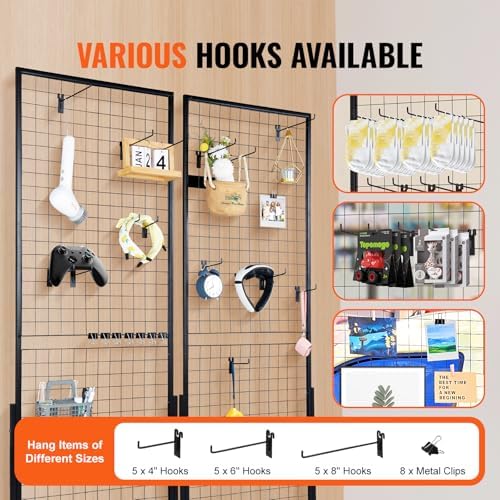VEVOR 2 x 5.6 Ft Grid Wall Panels, 2 Packs Wire Gridwall Display Racks Tower with T-Base, Floorstanding Double Side Gridwall Panels, Retail Display with Extra Clips and Hooks for Art Craft Shows