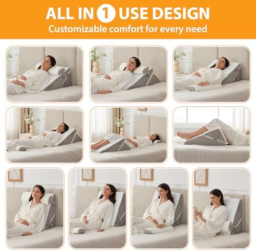 Ruqmuis Wedge Pillow Set for After Surgery, 3PCS Adjustable 9&12 Inch Bed Wedge Pillow for Sleeping, Incline Pillow Wedge for Headboard, Post Surgery, Acid Reflux, Neck&Back Support, White/Grey