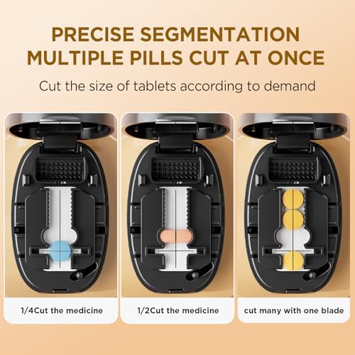 Pill Cutter Splitter for Small and Tiny Pills, 1/2 1/4 Pill Splitter for Small Pills,Vitamins, Tablets in Half or Quarters, Accurate and Easy Cutting, Stainless Steel Blade, Back Storage (Black)