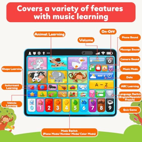 Peacurh Trilingual Learning Toy Tablet with Music & Sound, Montessori Speech Musical Therapy Toys, Gifts for Boy, Girl, Baby, Toddler, for Age 1, 2, 3 Year Old (12-18 Months)