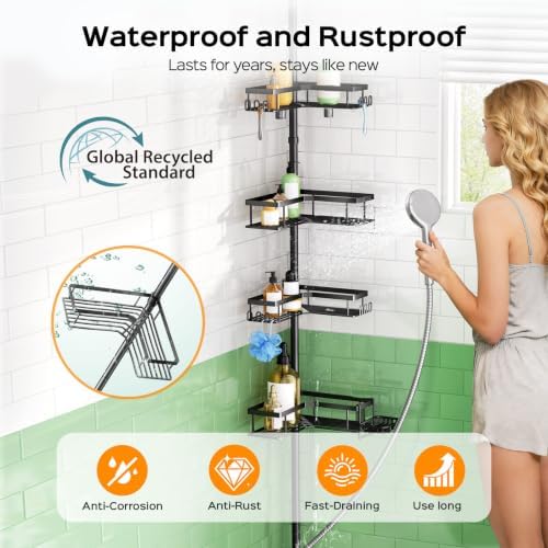 HAMITOR Shower Caddy Tension Pole: Corner Bathroom Organizer for Renters