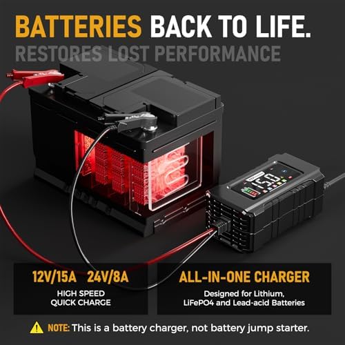 PZ.P 15-Amp 12V/24V Smart Battery Charger, Maintainer & Trickle Charger for LiFePO4, Lead Acid Batteries - Fully Automatic 9-Stage Charging w/Temp Compensation for Motorcycle Car Truck Lawnmower Boat