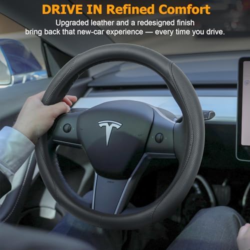 Ouzorp Nappa Leather Steering Wheel Cover for Tesla Model 3 2016-2025 Highland and Model Y 2020-2026 Juniper with Anti-Slip & Breathable Surface-Black
