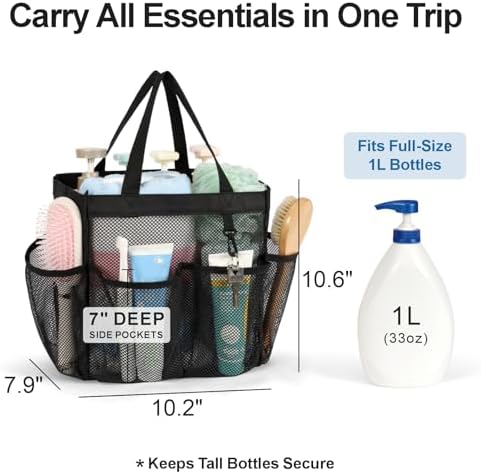 Mesh Shower Caddy Portable - 8 Pockets, S-Hook, Shower Bag for Dorm Camping