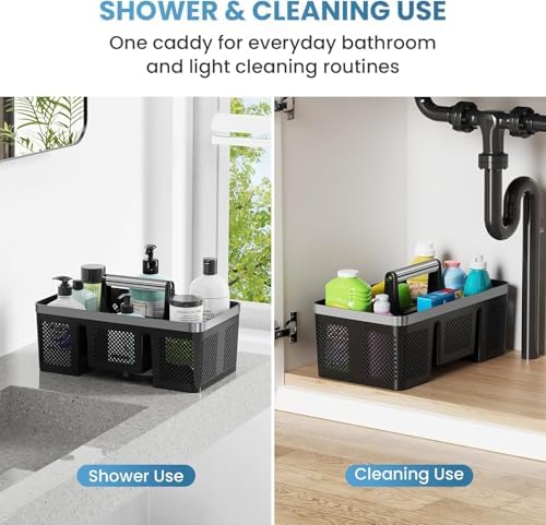 BYUNER Plastic Shower Caddy Dorm: Portable Cleaning & Shower Caddy with Handle, 4 Divided Compartments, All-Side Drainage, Rigid Plastic Basket Tote for College Dorm & Bathroom Use, Black/Silver