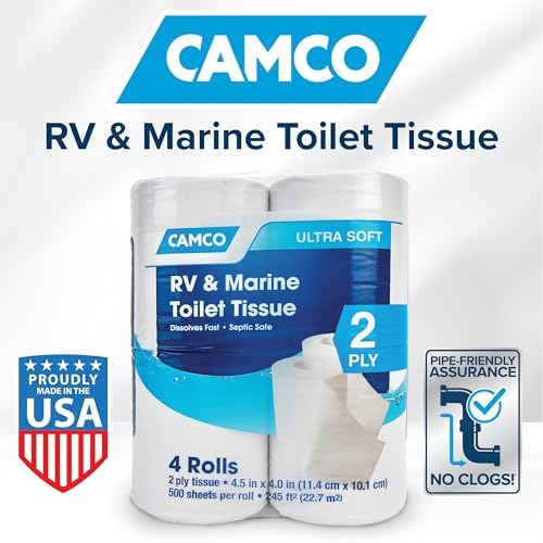 Camco Marine & RV Toilet Paper — 2-Ply — Septic Safe — Dissolves Fast — Dye & Fragrance Free — 4-Rolls (500 Sheets Per Roll) (40274)