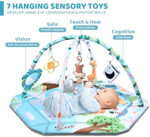 Baby Gym Play Mat, 8-in-1 Tummy Time Mat & Ball Pit with 6 Toys, Washable Baby Activity Play Mat for Visual, Hearing, Sensory, Motor Development, Baby Toys Gift for Toddler Infant 0-3-6-9-12 Months