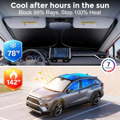 [Upgrade] DooGooCoo Windshield Sun Shade - Medium, Sunshade for Car Windshield [100% Sunlight & UV Block] Car Sun Shade Windshield Protect & Keep Car Cooler Foldable Front Windshield Shade (64x32 in)