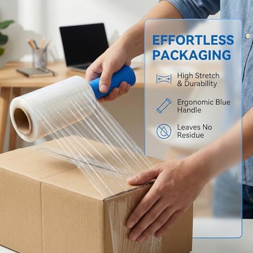 4 Pack Stretch Wrap for Moving, 5 Inch x 1000ft 80 Gauge, Heavy Duty Clear Plastic Wrap with Handles, Packing, Shipping, Pallet & Furniture Protection