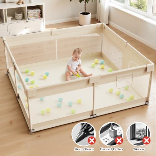 Uanlauo Beige Small Baby Playpen - 47x47in Playpen for Babies and Toddlers