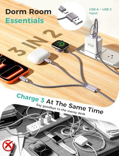 Travel Essentials,3 in 2 USB C Cable for Apple Watch Charger,iPhone Charger,Multi Charging Cable,Cruise Vacation Camping Essentials for iWatch Series 11-2/Ultra,iPhone 17-12,Car Accessories,Grey-6FT