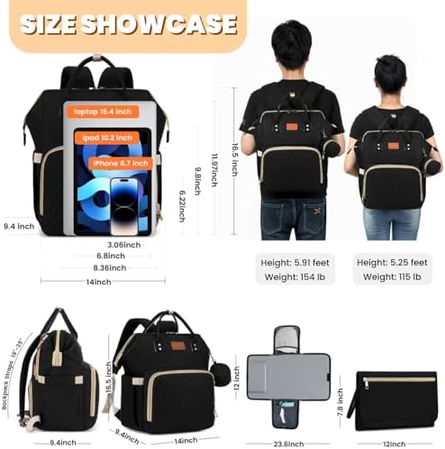 ROSEGIN Diaper Bag Backpack with Changing Pad Pacifier Case, Baby Bag for Boy Girl Toddler - Large,Stylish, Waterproof Travel Quilted Diaper Bag for Mom - Baby Shower Gifts, Black